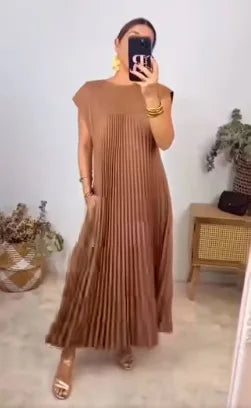 Solid Vintage Loose Pullover/High Waist Dress/Large Hem Long Dress/Fashionable Round Neck Sleeveless Pleated  Mid Calf Women's Dress Femme.