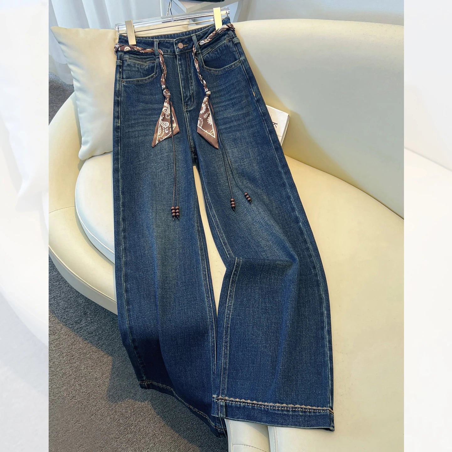 Luxury High-Waist Wide-Leg Denim Jeans with Boho Scarf Tie & Beaded Drawstring | Modern Blend Boutique