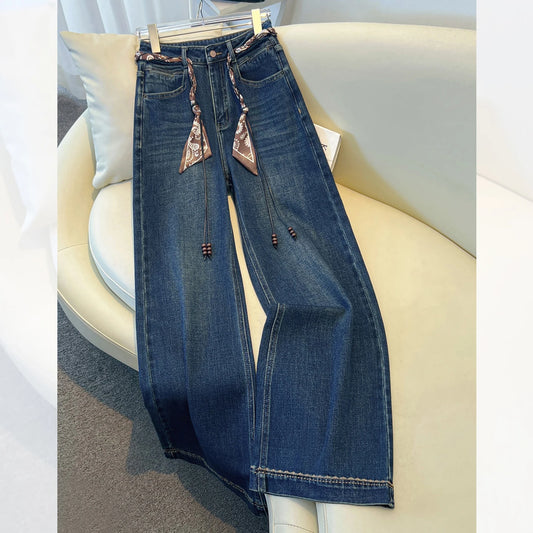 Luxury High-Waist Wide-Leg Denim Jeans with Boho Scarf Tie & Beaded Drawstring | Modern Blend Boutique