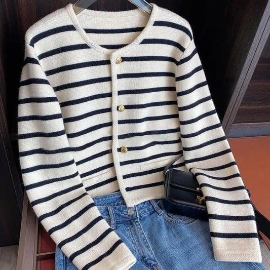 Women’s Striped Knitted Cardigan – O-Neck Long Sleeve Short Sweater Jacket | Spring Fall Versatile Knit Top