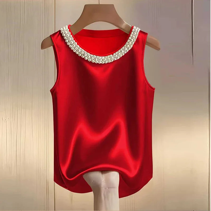 Elegant Satin Sleeveless Blouse with Pearl Beaded Neckline – Luxury Loose Fit Summer Top for Women | Modern Blend Boutique