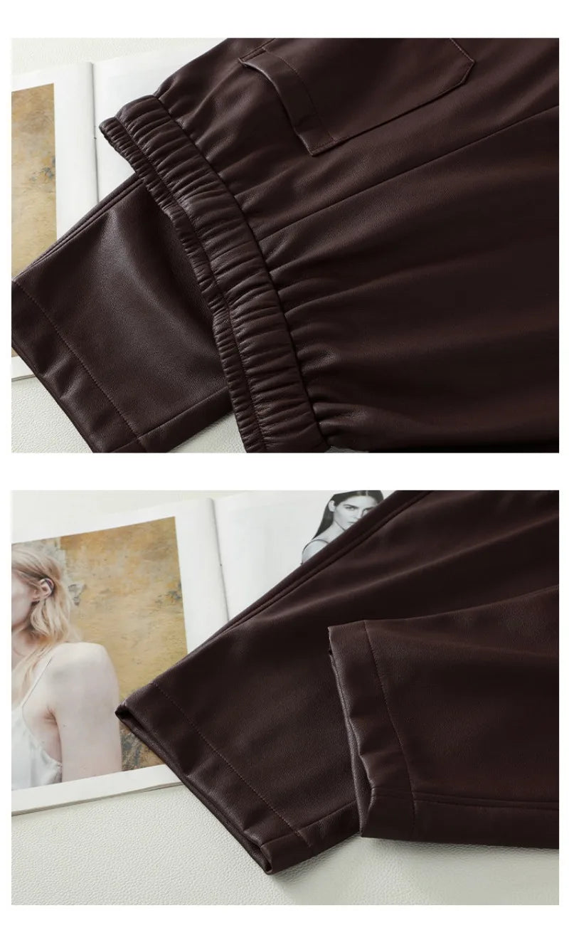Luxury PU Leather Jogger Pants for Women – High-Waist Elastic Drawstring Wide-Leg Trousers – Comfy Chic Vegan Leather Athleisure Pants