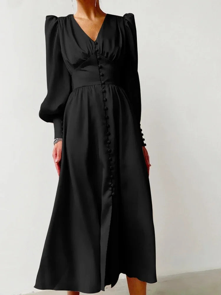 Elegant Fashion Single Breasted  Dress for Women Party Robe High Waist Satin Long Dress Sexy Lantern Sleeve Chic Midi Dresses