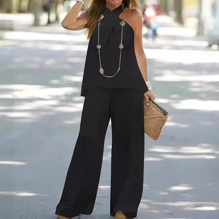 Effortlessly Halter Neck Solid Color Sleeveless Suit Wide Leg Pants Trousers Two-piece Suit.