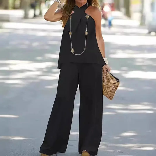 Effortlessly Halter Neck Solid Color Sleeveless Suit Wide Leg Pants Trousers Two-piece Suit.