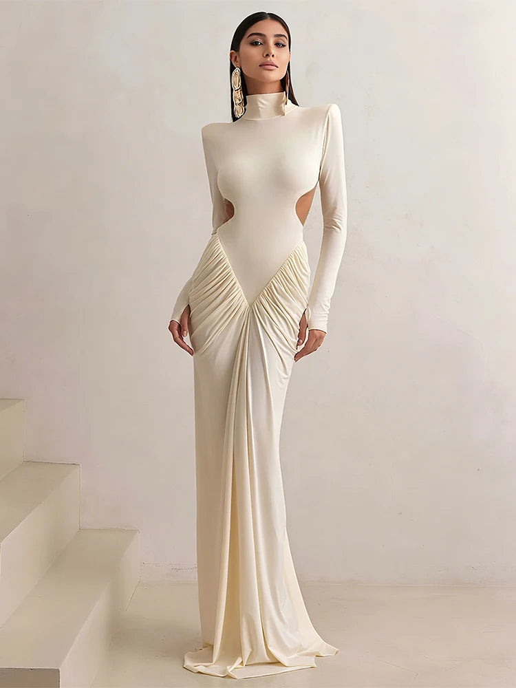Luxurious Pullover Puss Dress/Backless Maxi Dress/Women Shoulder Pad’s/Long Sleeve Waistless/Peach Buttocks/Ruched Elegant Banquet/Ruffle Designed.