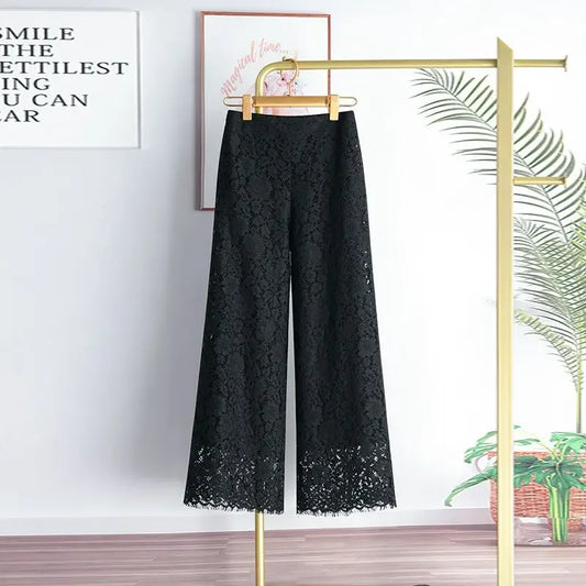 Elegant Lace Wide-Leg Trousers – High-Waist Solid Color Pants for Women | Summer Loose Straight Leg Bottoms | Modern Blend Boutique