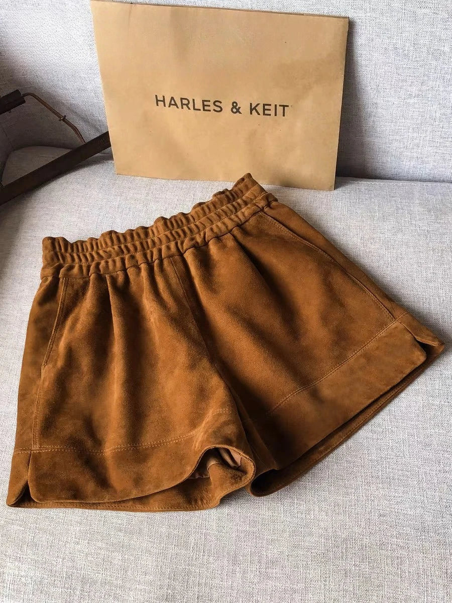 Women’s Brown Faux Suede Shorts – Elastic Waist Soft Leather-Look Fall Boutique Shorts