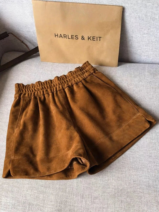 Women’s Brown Faux Suede Shorts – Elastic Waist Soft Leather-Look Fall Boutique Shorts