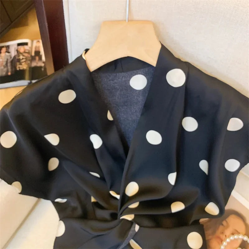 Elegant Polka Dot Tie Front Blouse – Women’s Retro V-Neck Waist Tie Top | French Chic Lightweight Luxury Blouse | Modern Blend Boutique