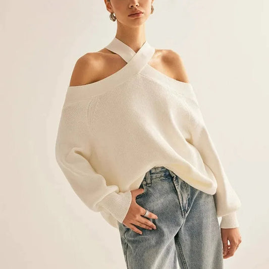 Loose fitted/Cross-Over Collar Cold-Shoulder Sweater/Off Shoulder Sweater/Loose Solid Color Halter Neck Long Sleeve Pullover Knitted Tops Casual Winter Fall Clothes.