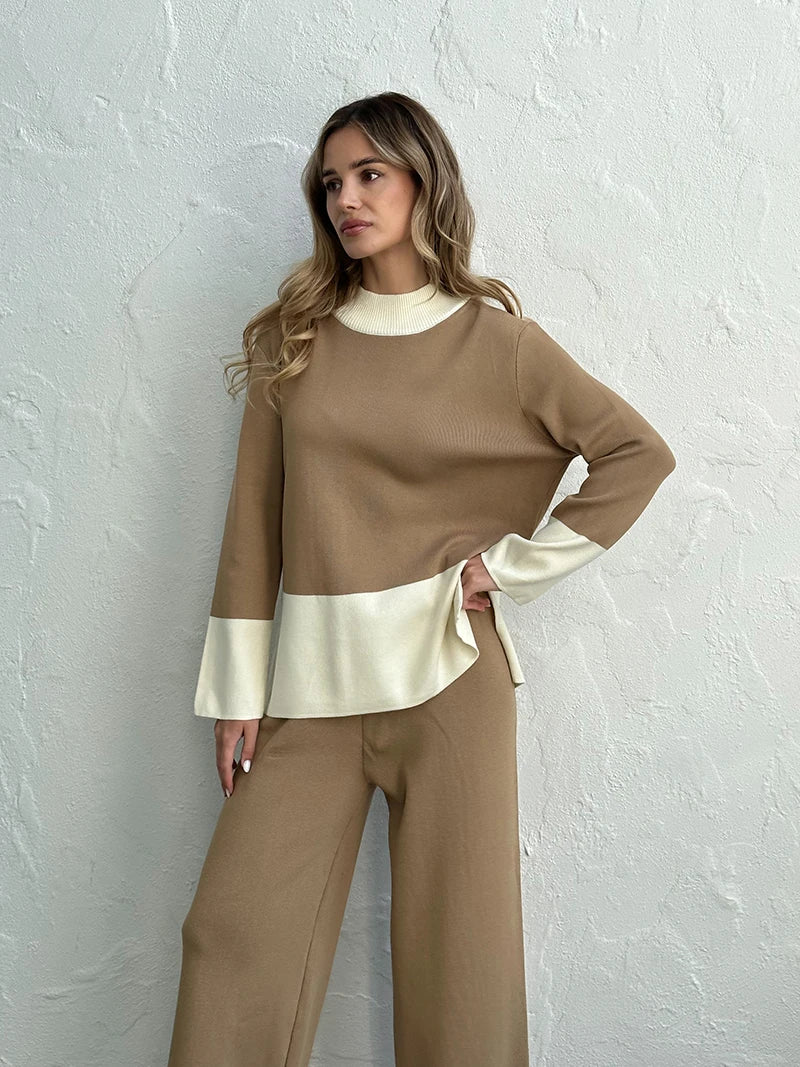 Elegant Two Piece Set/Loungewear Slit Sweater/Matching Sets Women Casual Knitted Wear/Mock Neck Design/Elastic Waist Band.