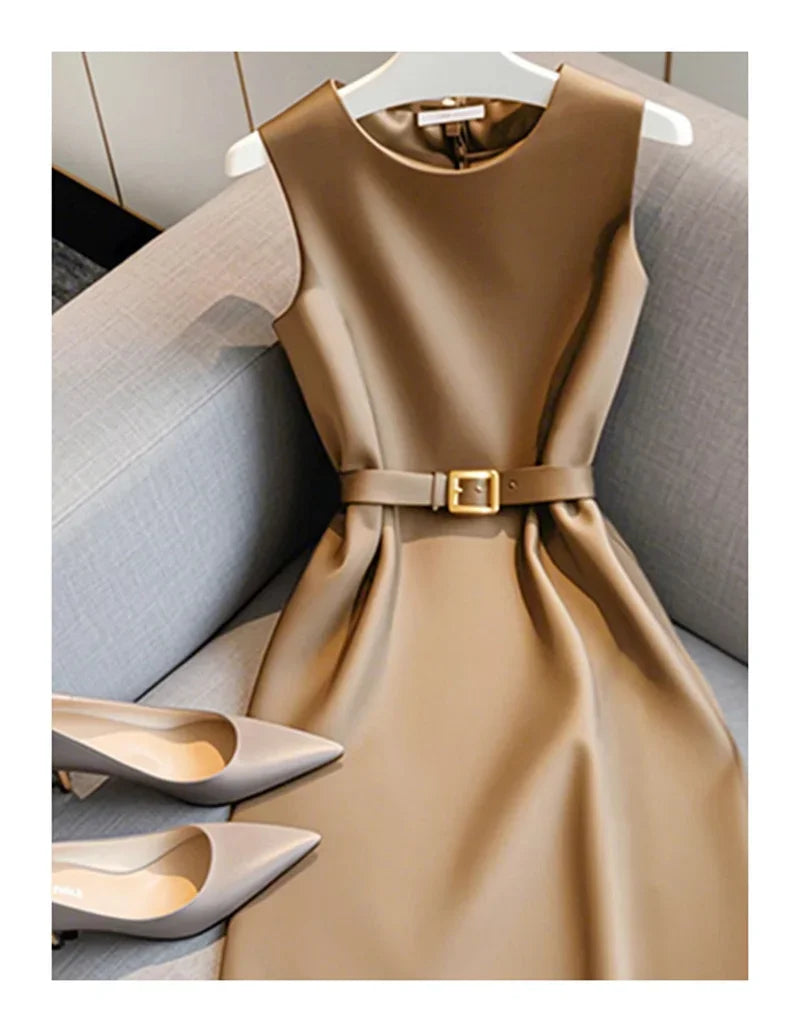 New French Luxury Summer Dress Women Elegant Sleeveless High Waist Satin Formal Dress Fashion Party Vestidos with Belt High End