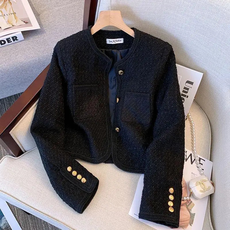 Elegant Black Tweed Jacket Women's Spring Autumn 2025 New French Style Single Breasted Short Coat Long Sleeved Slim Fit Top
