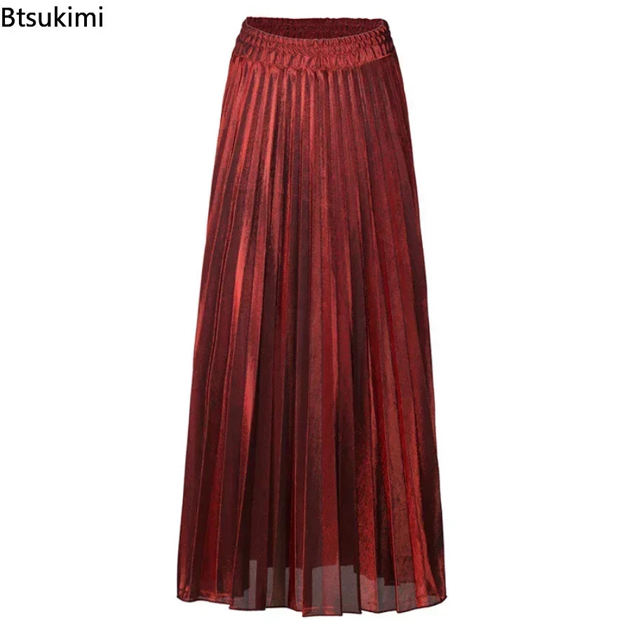 Bright Silk Metal Skirt/Color Pleated Maxi Skirt/Elastic High Rise Swing/Holiday Celebration Event.