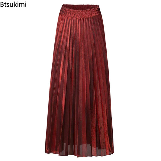 Bright Silk Metal Skirt/Color Pleated Maxi Skirt/Elastic High Rise Swing/Holiday Celebration Event.