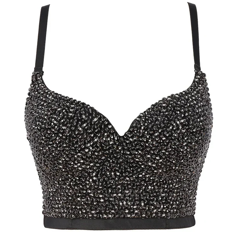 Fashion Sequined Tank Top/Shiny Shaper Push Up Bra/Sexy Halter Cropped Top/Bralette Corset Camis.