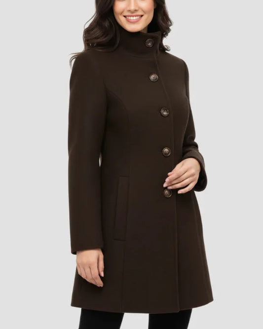 Women’s Wool-Look Tailored A-Line Coat | Stand Collar, Button Front, Slim Fit – Fall/Winter (Copy)