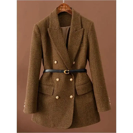 Women’s Gray Herringbone Belted Blazer Coat – Double-Breasted Tailored Boutique Outerwear