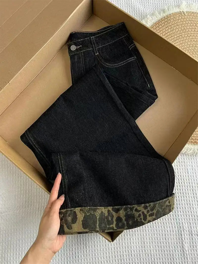 Leopard Cuff Dark Wash Wide Leg Jeans for Women – Mid Rise Loose Straight Denim Pants