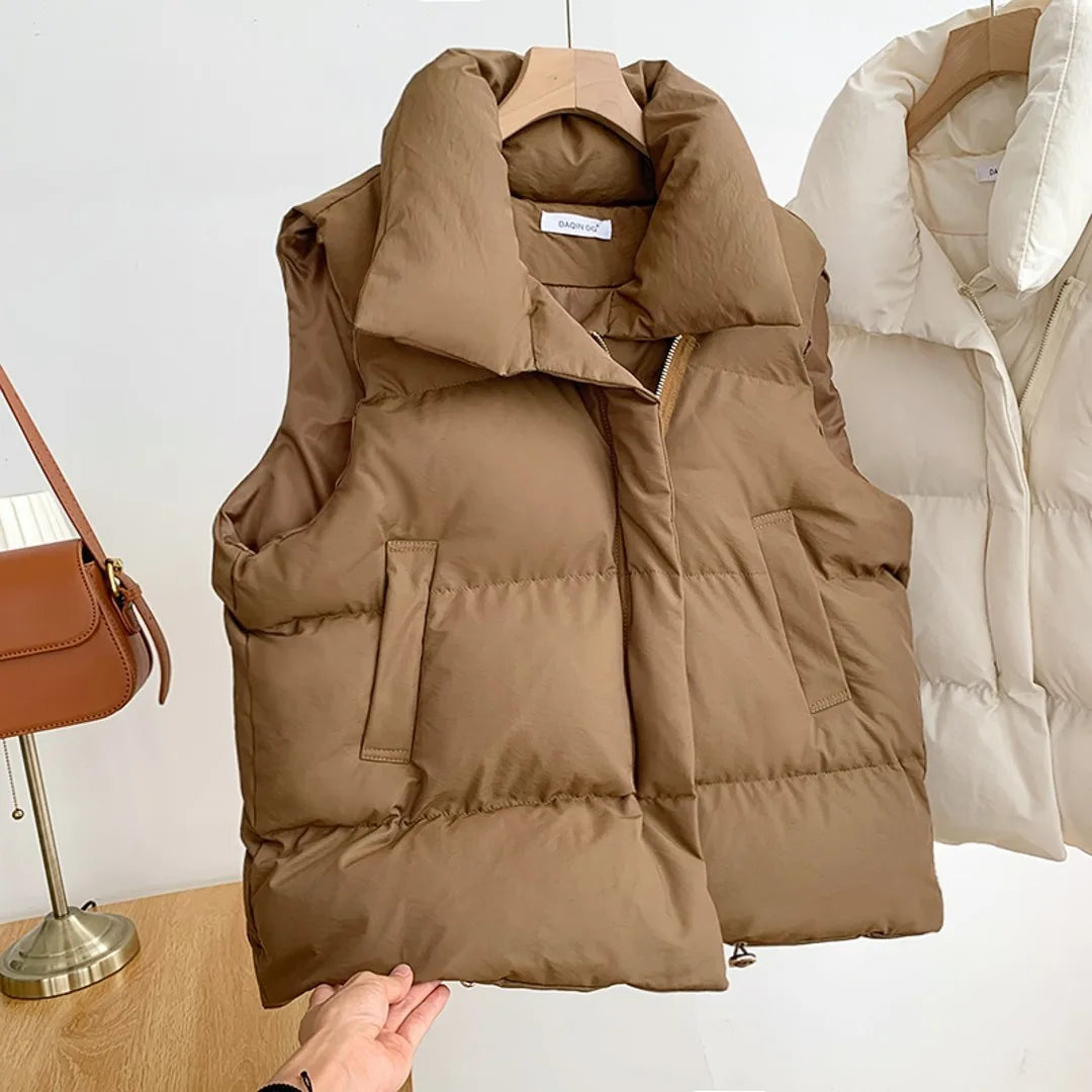 Oversized Autumn Stand Collar Elegant Down Coats/Warm Outerwear Casual Belt Sleeveless Winter Women Vests Jackets.