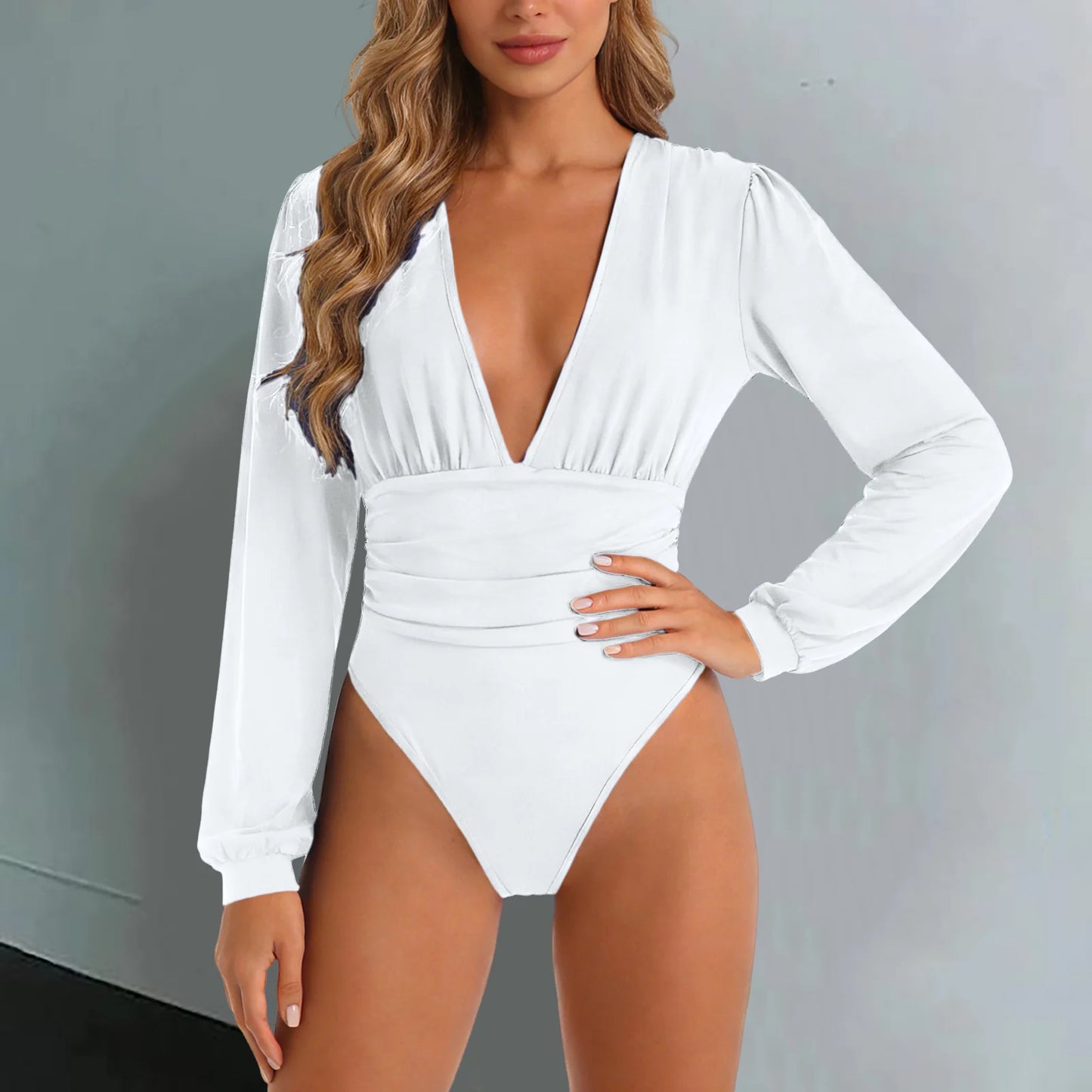 Women’s Ruched Deep V Neck Long Sleeve Bodysuit – Sexy Fitted Plunge Leotard Top
