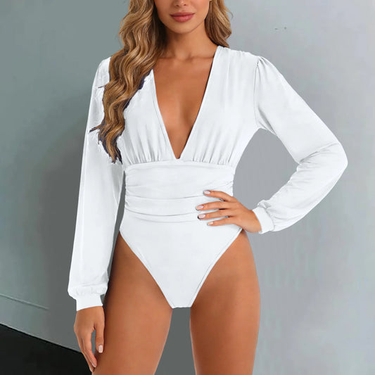 Women’s Ruched Deep V Neck Long Sleeve Bodysuit – Sexy Fitted Plunge Leotard Top