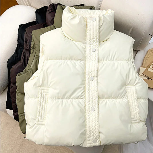 New Autumn Casual Loose Down Cotton Vests Women Stand Collar Short Sleeveless Coats Solid Zipper Waistcoat Winter Warm Vest