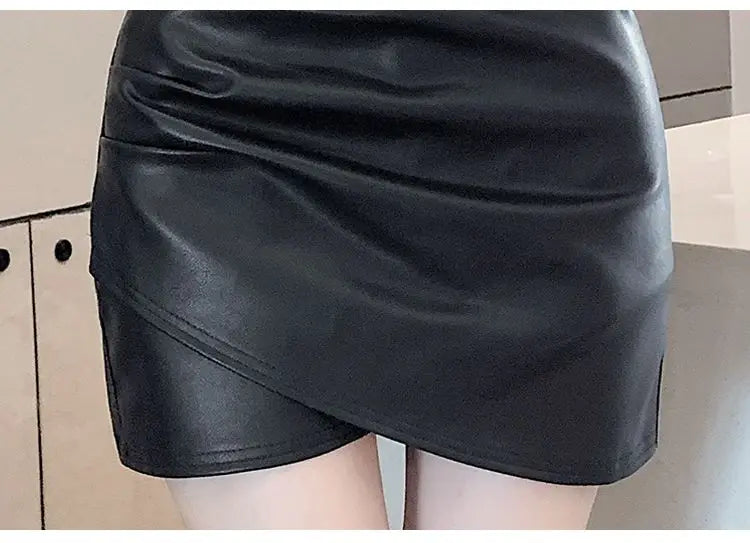 High-Waist Faux Leather Bodycon Mini Skirt – Ruched Slim Fit PU Leather Wrap Skirt for Women