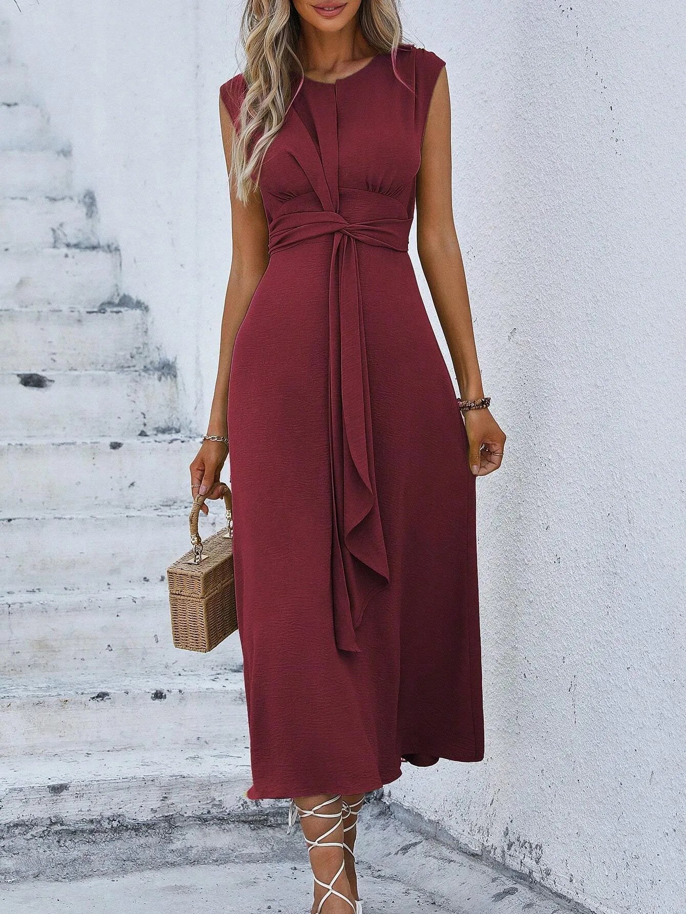 Elegant Sleeveless Waist Tie Midi Dress for Women – Romantic Vacation A-Line Summer Dress | Casual Chic Date Night Outfit | Modern Blend Boutique