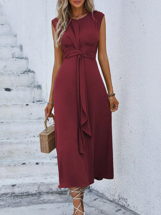 Elegant Sleeveless Waist Tie Midi Dress for Women – Romantic Vacation A-Line Summer Dress | Casual Chic Date Night Outfit | Modern Blend Boutique