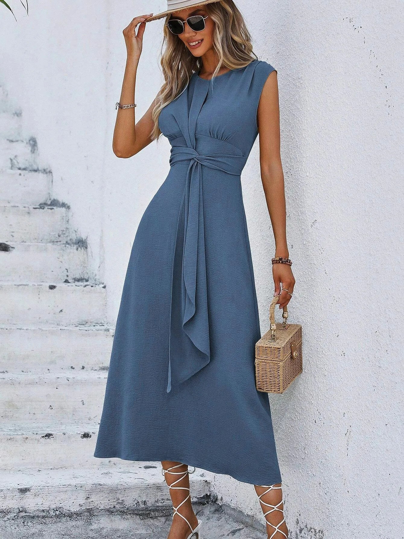 Elegant Sleeveless Waist Tie Midi Dress for Women – Romantic Vacation A-Line Summer Dress | Casual Chic Date Night Outfit | Modern Blend Boutique
