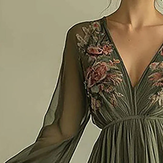 Seamless Modern Designed Dress/High Sleeve Waist Evening wear. V~Neck Floral Printed.