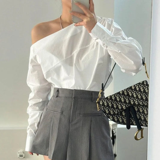 Off White Women Blouse/Fashion Stylish Off Shoulder Shirt/Long Sleeve Cotton Tops.
