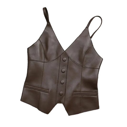 Luxury Genuine Sheepskin Leather Vest for Women – Tailored V-Neck Button Front Streetwear Top (Black, Camel, Green, Purple, Orange, Khaki)