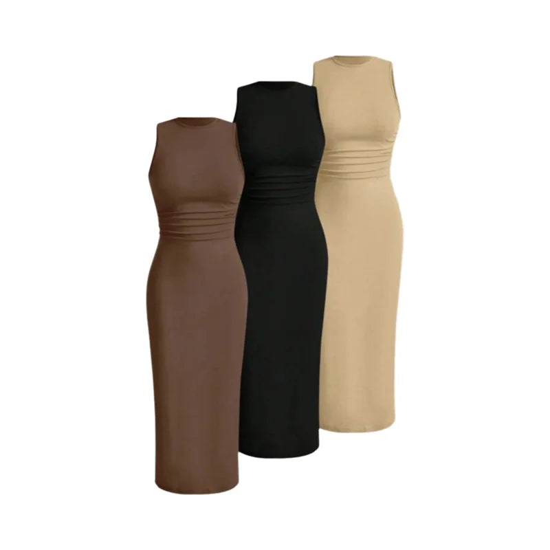Modern Blend Boutique | Sculpted Suede Midi Dress – High Neck Bodycon Waist Cinch Elegant Minimalist Dress (3 Color Set Available, In packs)