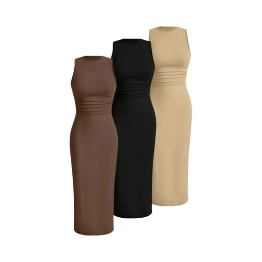 Modern Blend Boutique | Sculpted Suede Midi Dress – High Neck Bodycon Waist Cinch Elegant Minimalist Dress (3 Color Set Available, In packs)
