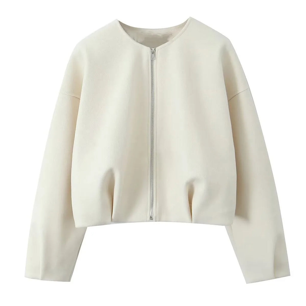 Zip up made Cardigan/ZBZA Blended Bomber Jacket/Round Neck Long Sleeve/Front Zipper Loose Hem Top New Casual Chic Outerwear.