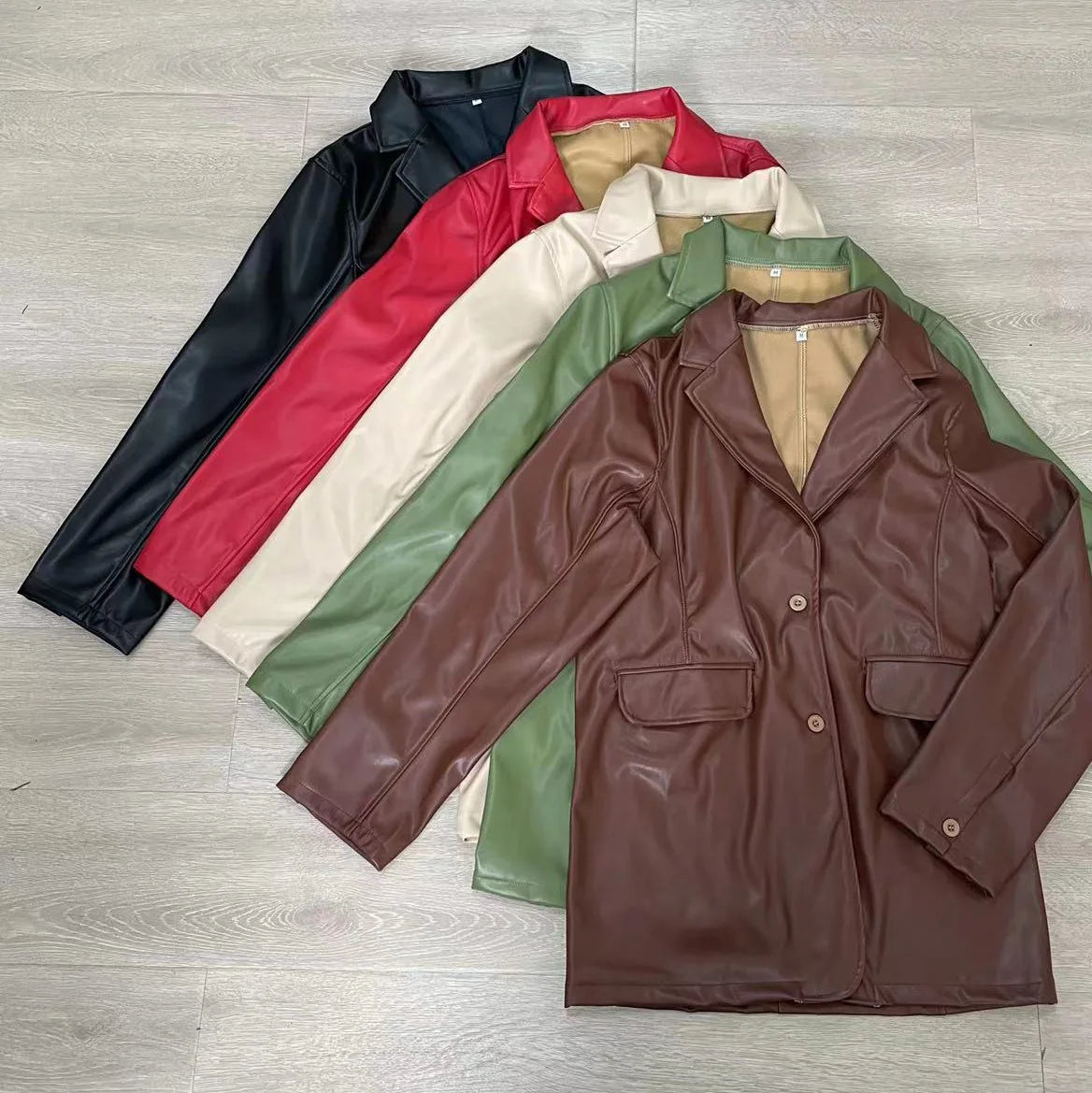 Women’s Oversized Vegan Leather Blazer – Single Breasted Faux Leather Jacket with Pockets