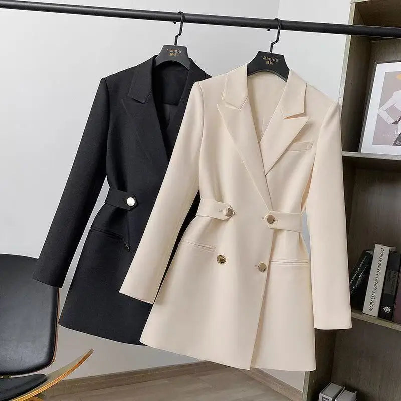 Fashion Coat Autumn Winter Suit Lady Business Office Blazer Black White Mid Length Female Outerwear