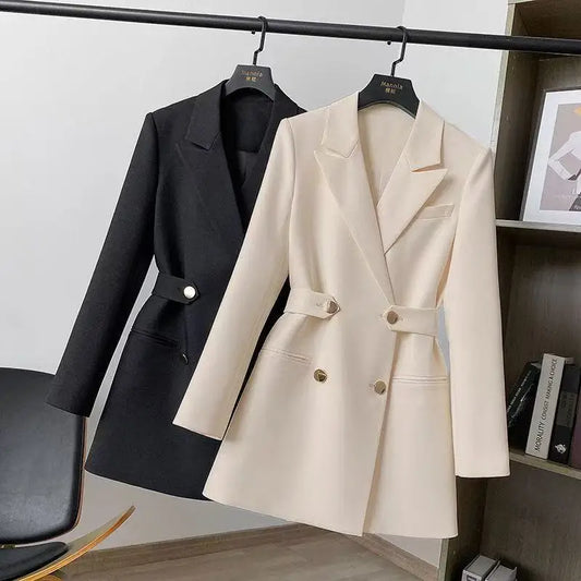 Luxury White Double-Breasted Blazer Dress for Women – Elegant Longline Tailored Blazer
