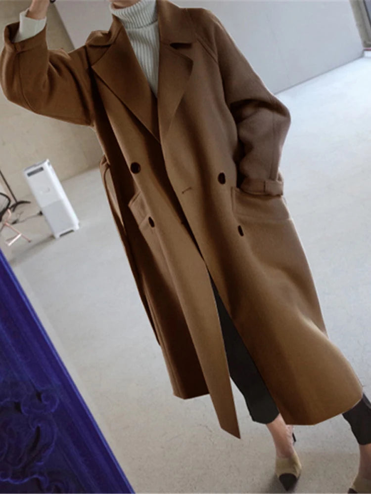 Plush Woolen Blended Coat/Vintage Long Jacket Overcoat Ladies Oversized Loose Lapel Coat.