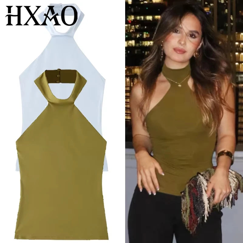 HXAO Halter Top Women Tank Top’s/Sexy Off Shoulder Sleeveless Backless Tops Elegant Vest.