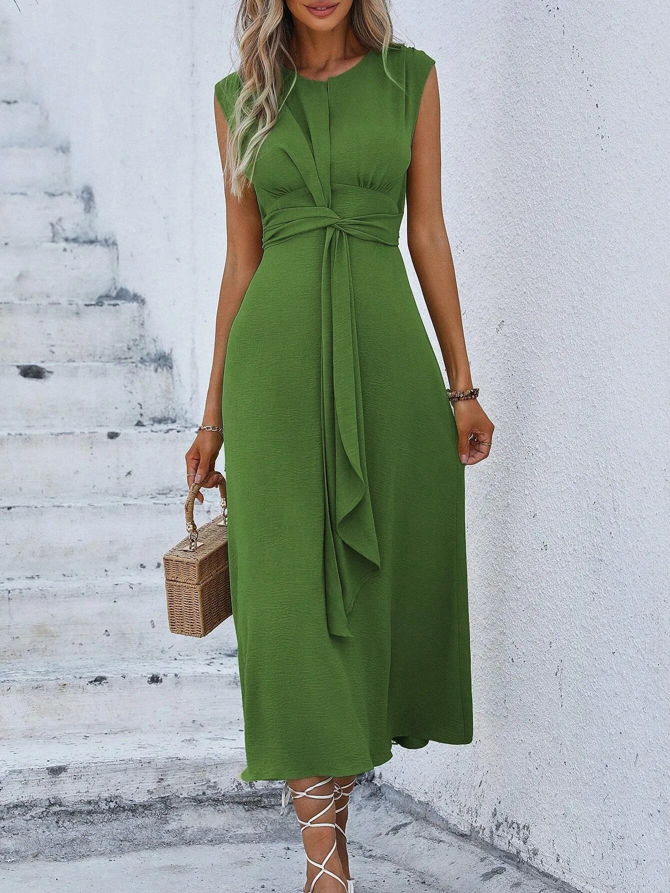 Elegant Sleeveless Waist Tie Midi Dress for Women – Romantic Vacation A-Line Summer Dress | Casual Chic Date Night Outfit | Modern Blend Boutique