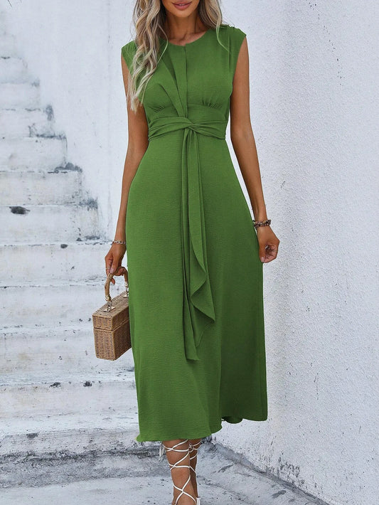 Elegant Sleeveless Waist Tie Midi Dress for Women – Romantic Vacation A-Line Summer Dress | Casual Chic Date Night Outfit | Modern Blend Boutique