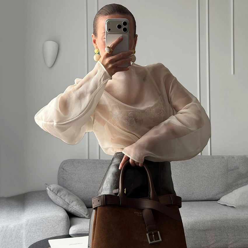 Sheer Organza Lantern Sleeve Blouse for Women – Elegant Mock Neck Long Sleeve Statement Top