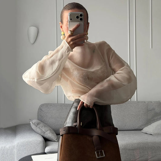 Sheer Organza Lantern Sleeve Blouse for Women – Elegant Mock Neck Long Sleeve Statement Top