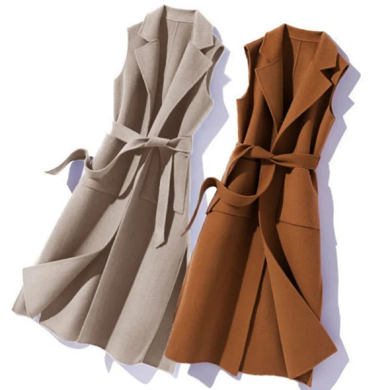 Waist Coat Notch Autumn Winter Jacket/Mid Long Sleeveless/Polo Collar Cotton Vest With Belt/Waist Elegant Casual Coat.