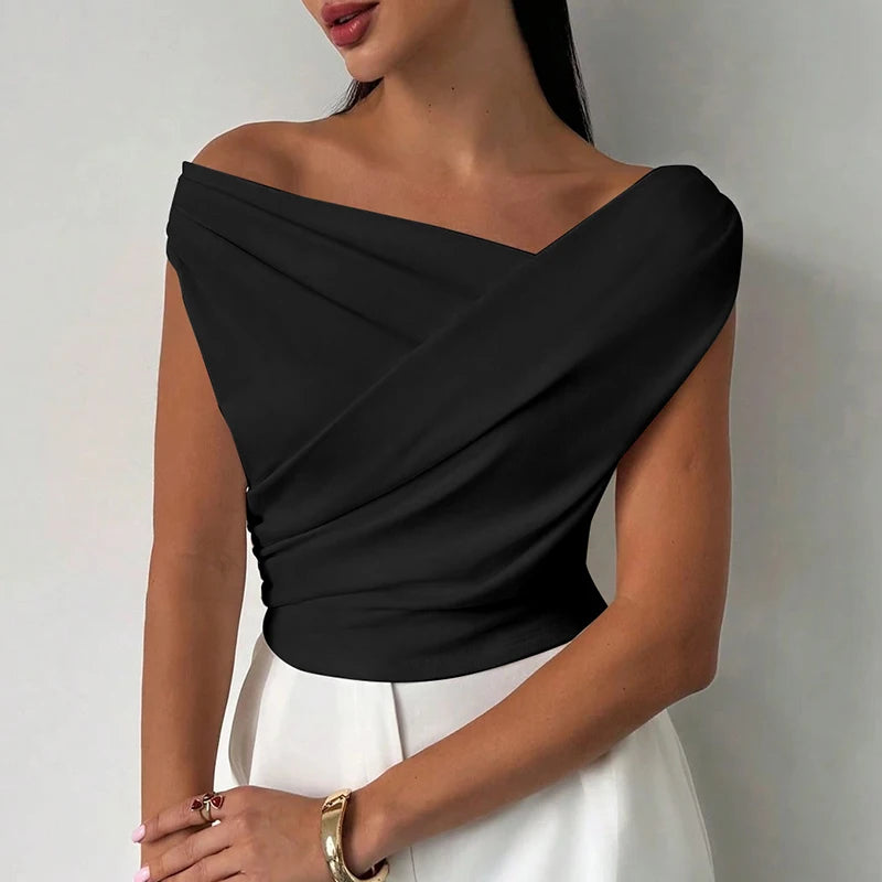 Fashion Simple Office Tops Female Slash Neck Sleeveless T-shirts For Women Elegant Summer Women Shirt White Black