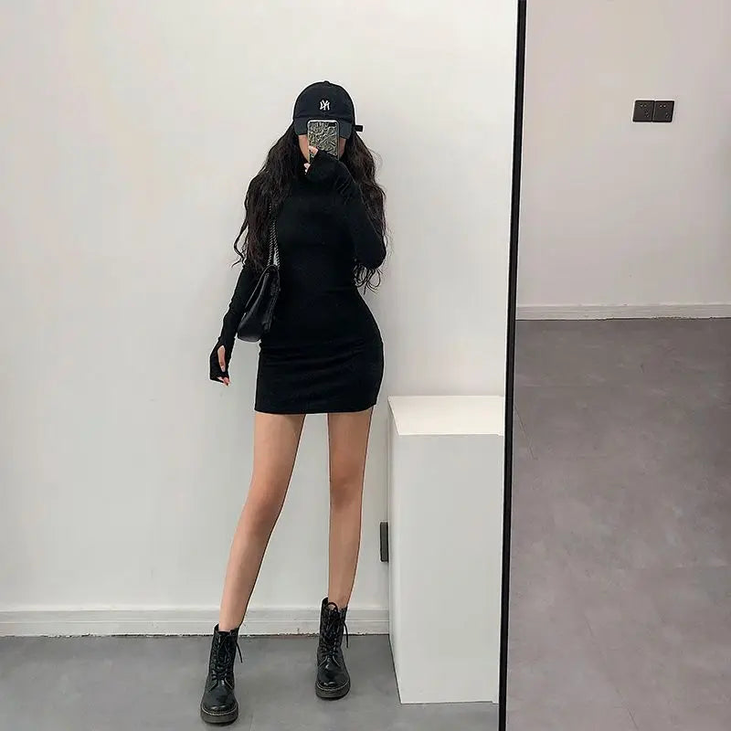 Stylish Solid Turtleneck Dress/Tight Fitting Long Sleeve European Body~Con Dress.